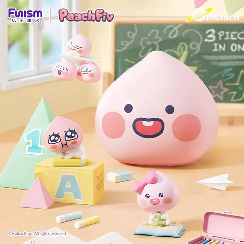 Set of cute pink character toys on a classroom-themed background with 'PeachFiv' branding.