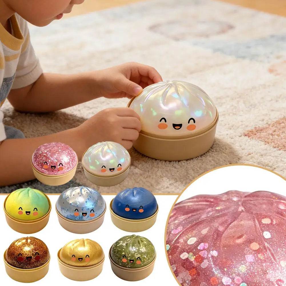 Child playing with a set of colorful, round night lights on a carpeted floor.