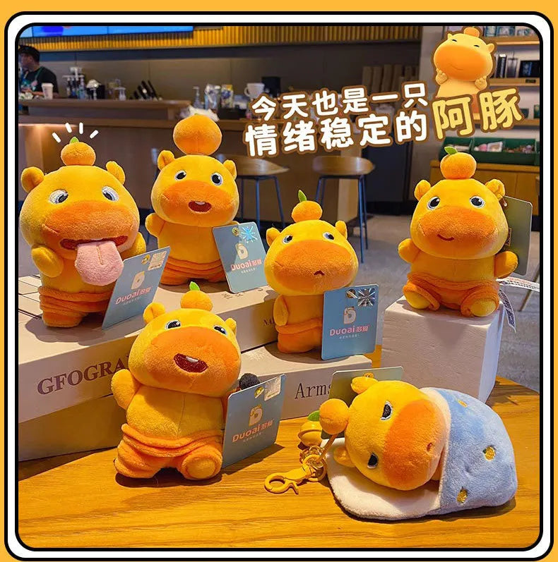 Genuine Capybara Lulu Doll Plush Pendant KeyChain Fun Pull Line Rotating Doll Student Schoolbag KeyChain Cute Cartoon Decoration