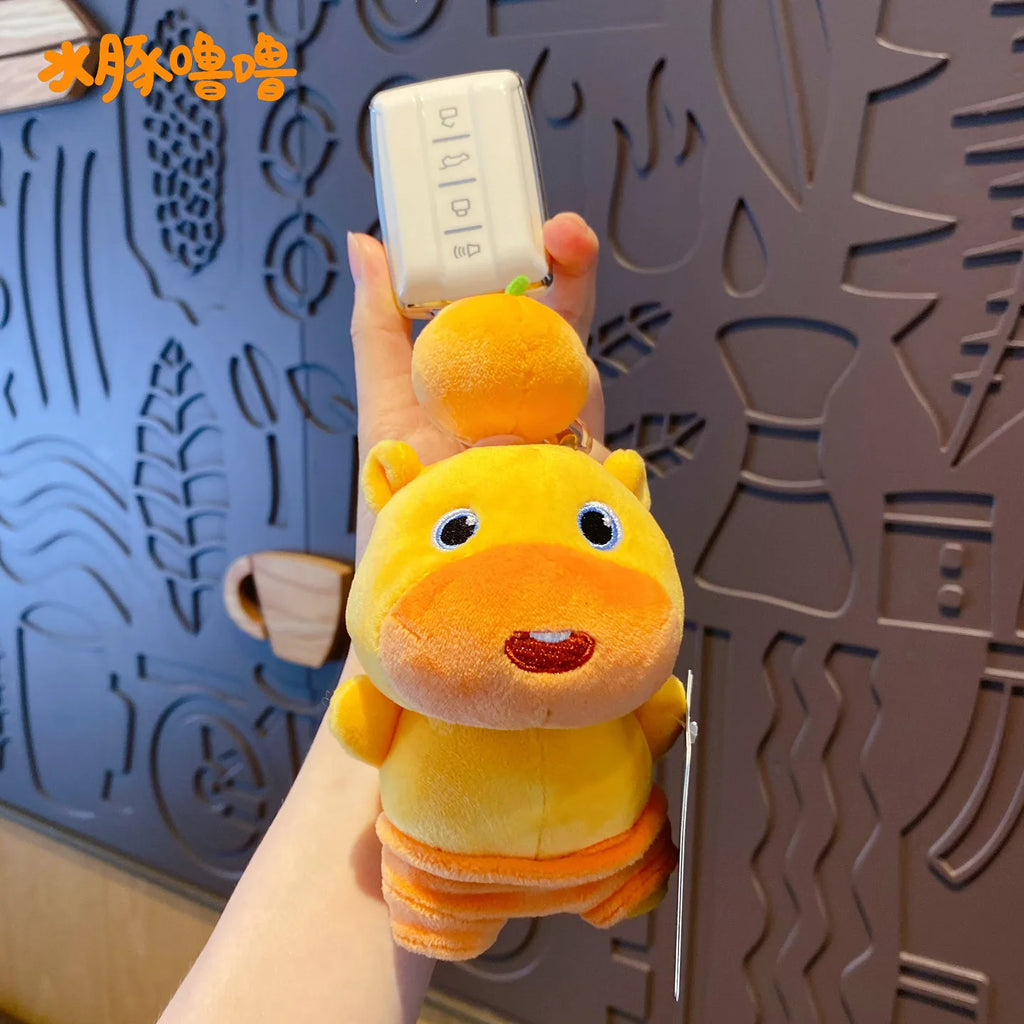 Genuine Capybara Lulu Doll Plush Pendant KeyChain Fun Pull Line Rotating Doll Student Schoolbag KeyChain Cute Cartoon Decoration